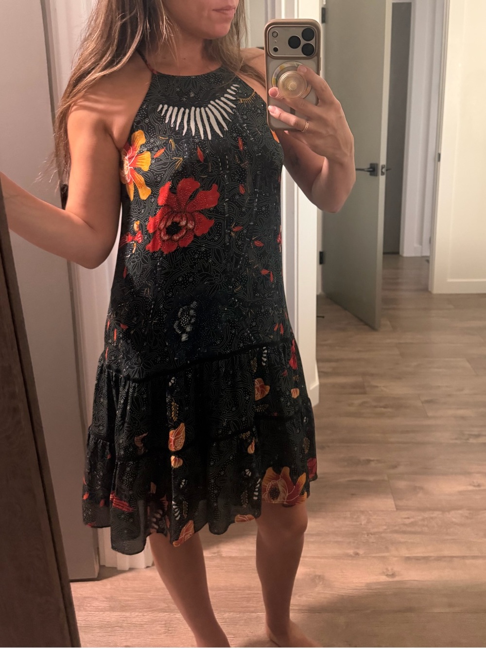 Kobi Halperin Black Halter Dress with Red & Yellow Floral Print